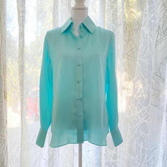 LAFAYETTE 148 light blue satin collared button up long sleeve top blouse - Picture 8 of 8
